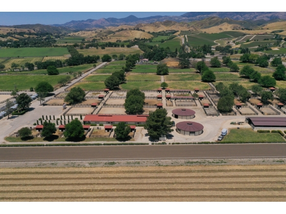 Aerial View of Foaling Barn, Round Pens and Pastures